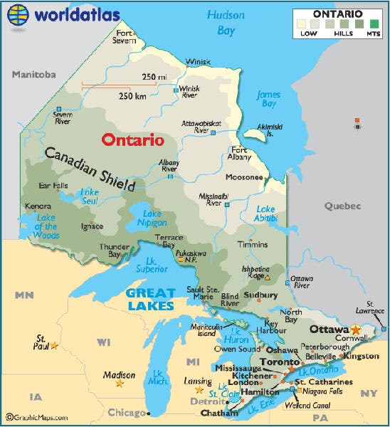 Map of Ontario, showing the location of Peterborough, on a line between Toronto and Ottawa (worldatlas.com)