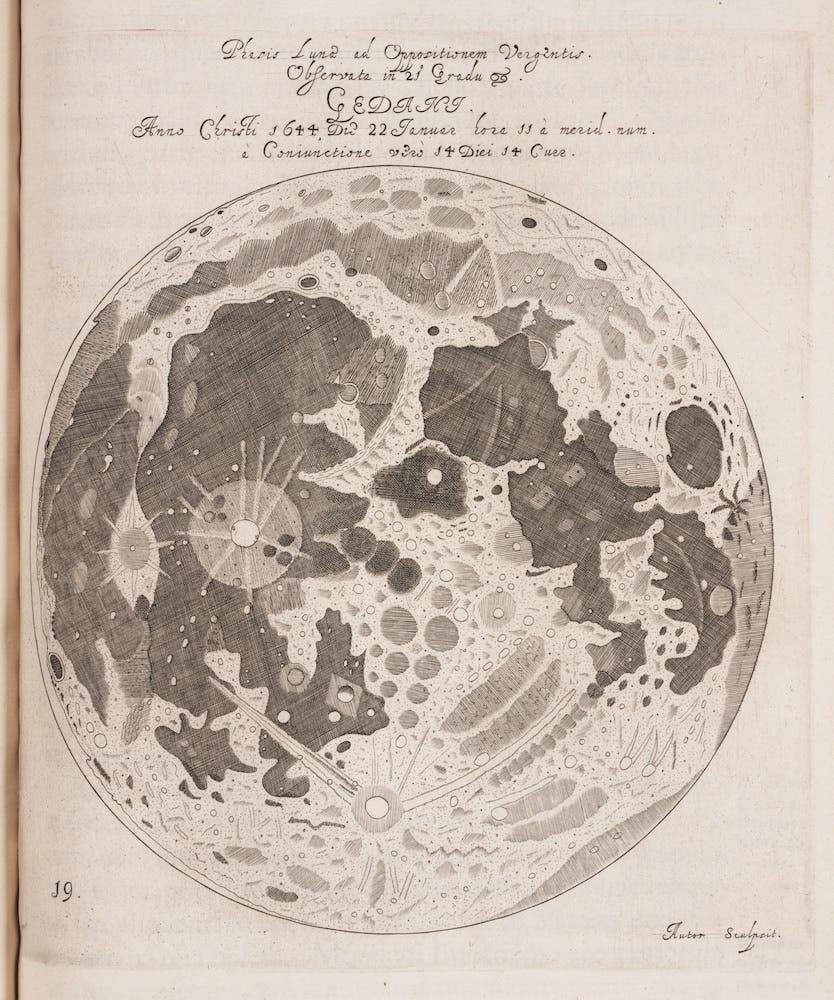Hevelius’ engraving of a full Moon. Image source: Hevelius, Johannes. Selenographia: sive, Lunae descriptio. Gdansk: Autoris sumtibus, 1647. View Source