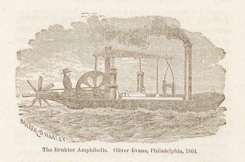 Re-imagination of the Oruktor Amphibolis, designed and built by Oliver Evans, in The Life of John Fitch, by Thompson Westcott, 1857 (Linda Hall Library)