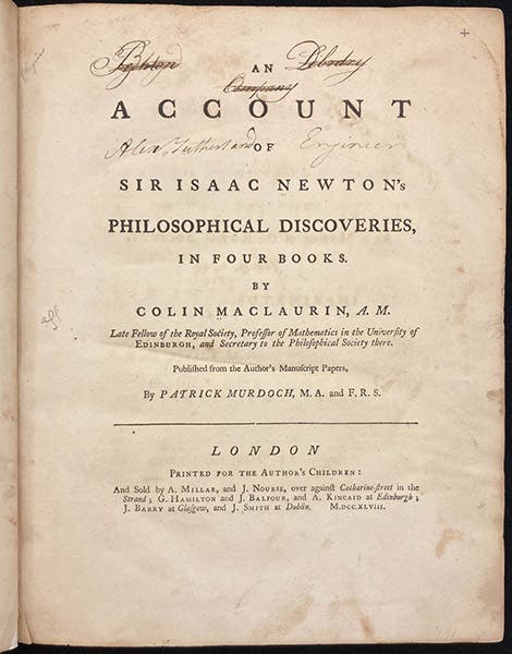 Title page, An Account of Sir Isaac Newton's Philosophical Discoveries, by Colin Maclaurin, 1748 (Linda Hall Library)
