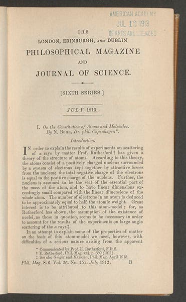 1st page of Niels Bohr’s paper, "On the constitution of atoms and molecules," in London, Edinburgh, and Dublin Philosophical Magazine, Mar. 6, 1913 (Linda Hall Library)