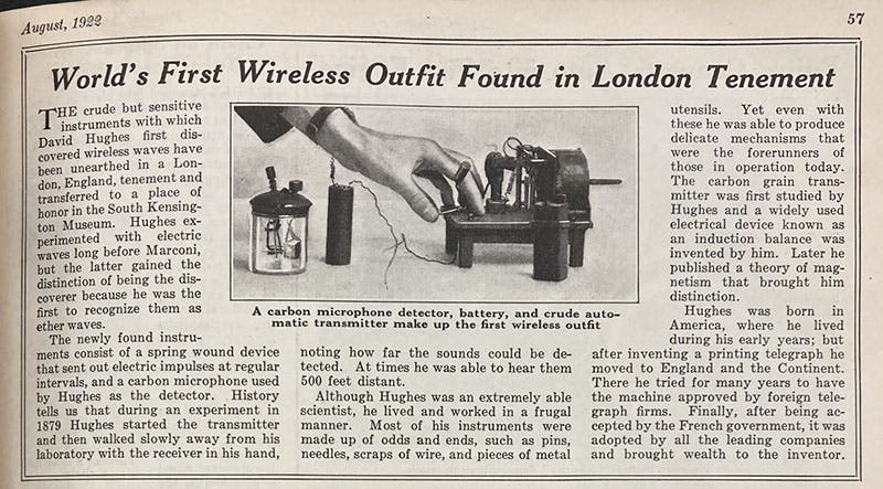 Announcement of the rediscovery in 1922 of the microphone, battery, and clockwork interruptor used by David Hughes to generate and detect electromagnetic waves in 1879, Popular Science Monthly, August, 1922 (Linda Hall Library)