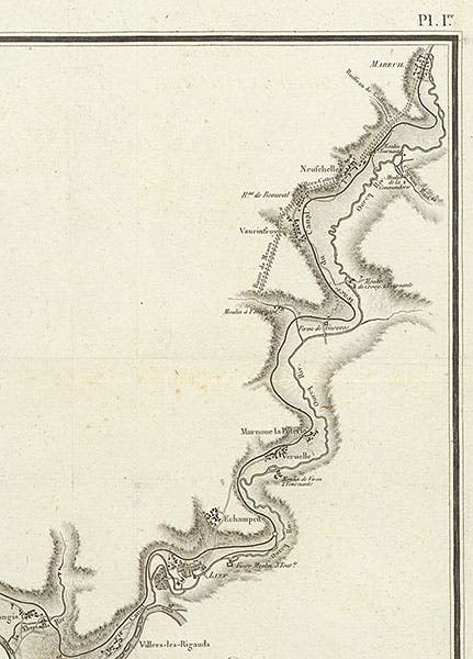 Origin of the Canal de l’Ourcq at Mareuil on the Ourcq river and the first 20 miles of its route, detail of second image (Linda Hall Library)