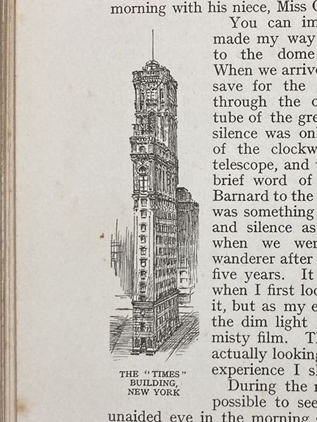 The Times Tower, New York City, where Mary Proctor observed Comet Halley, May 1-18, 1910, wood engraving in The Children’s Book of the Heavens, by Mary Proctor, 1924 (Linda Hall Library)