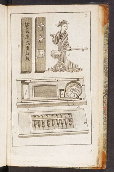 A variety of Japanese artifacts, including an abacus, engraving, Resa uti Europa, Africa, Asia: förrättad åren 1770-1779, by Carl Peter Thunberg, vol. 3, 1788-93 (Linda Hall Library)