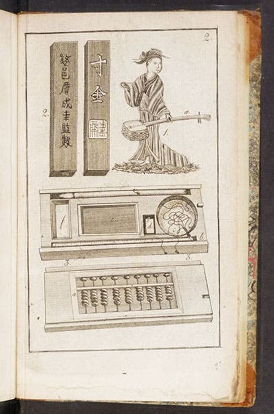 A variety of Japanese artifacts, including an abacus, engraving, Resa uti Europa, Africa, Asia: förrättad åren 1770-1779, by Carl Peter Thunberg, vol. 3, 1788-93 (Linda Hall Library)