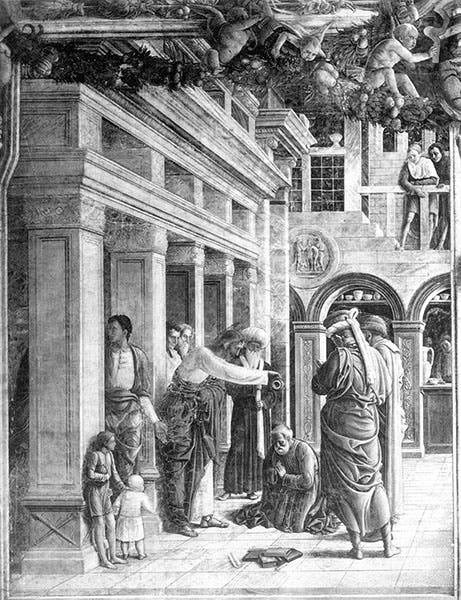 “St. James Baptizing Hermogenes,” wall fresco (destroyed 1944), by Andrea Mantegna, Ovetari Chapel, Church of the Eremitani, Padua (wga.hu)