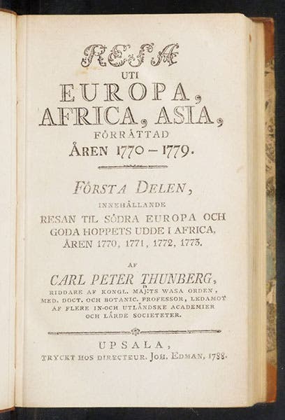 Title page, Resa uti Europa, Africa, Asia: förrättad åren 1770-1779, by Carl Peter Thunberg, vol. 1, 1788 (Linda Hall Library)