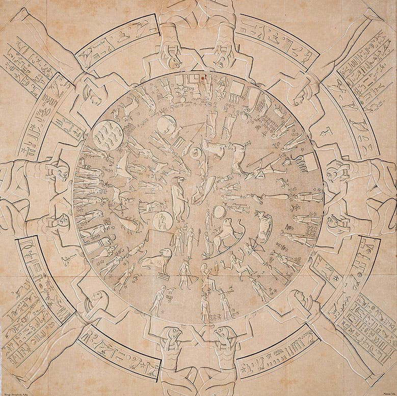 Lower zodiac, (in color): Color lithograph of the Dendera zodiac, Landgraf Karl, La pierre zodiacale du temple de Dendérah. (Copenhagen, 1824).