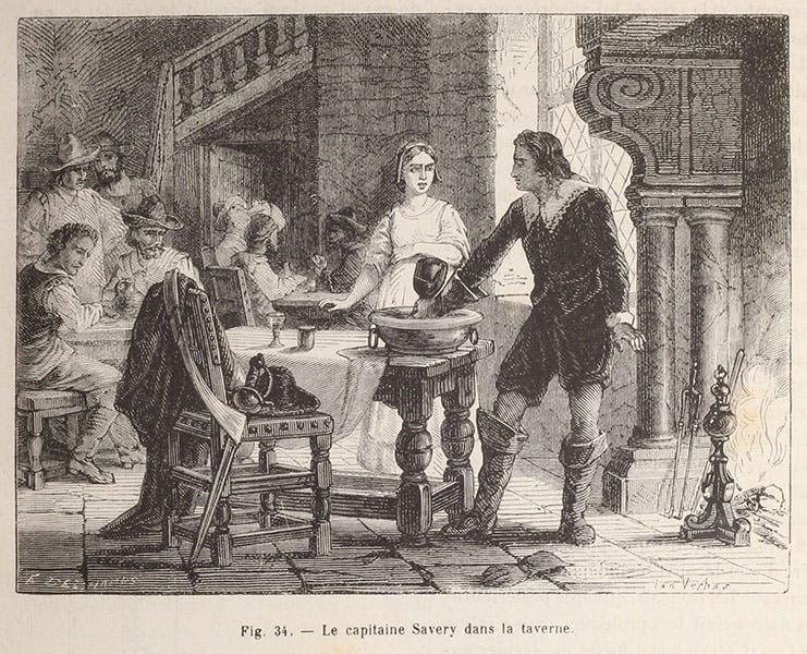 Thomas Savery, doing a demonstration in a tavern, wood engraving in Louis Figuier, Les merveilles de la science, vol. 1, 1867 (Linda Hall Library)