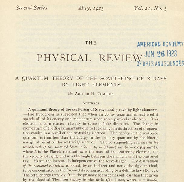 Detail of first page of paper on X-ray scattering by Arthur Holly Compton, Physical Review, vol. 21, 1923 (Linda Hall Library)