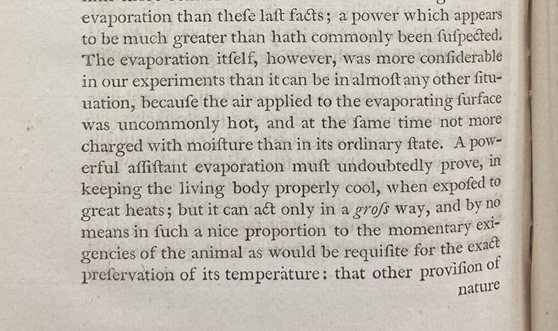 Paragraph revealing the role of perspiration in cooling, “Experiments and Observations in a heated room,” by Charles Blagden, Philosophical Transactions of the Royal Society, vol. 65, 1775 (Linda Hall Library)