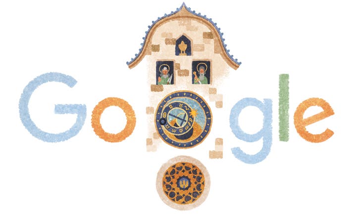 Google Doodle, Prague Astronomical Clock, Oct. 9, 2015, on the clock’s 605th birthday (doodles.google)