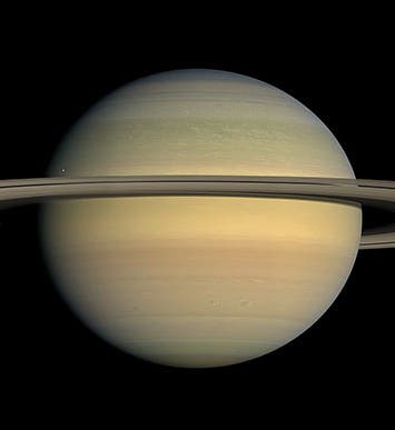 Saturn nearing equinox, with ring and 5 moons, as viewed from the Cassini spacecraft, July 23, 2008, NASA (Wikimedia commons)