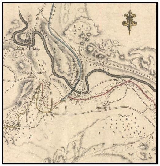 Map of the Pontcysyllte Aqueduct crossing the River Dee in Denbighshire, Wales, by William Jessop, 1803; the River Dee loops across horizontally, and the aqueduct is at center, running from SSW to NNE (plaskynastoncanalgroup.org)