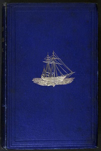 Front cover, with gold-stamped image of the Fox embossed on the blue cloth board,  Francis Leopold McClintock, The Voyage of the ‘Fox’, 1859 (Linda Hall Library)