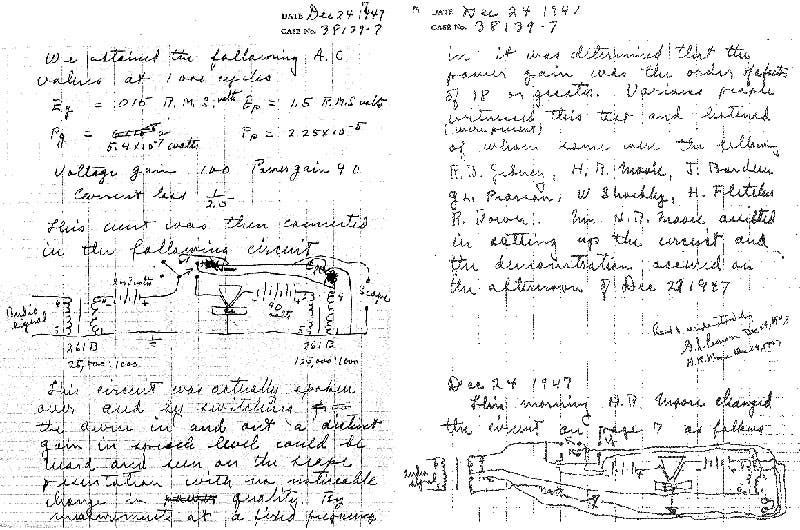 Pages from Walter Brattain’s laboratory notebook describing the December 23, 1947 demonstration of the solid-state amplifier he built with John Bardeen (PBS/AT&T)