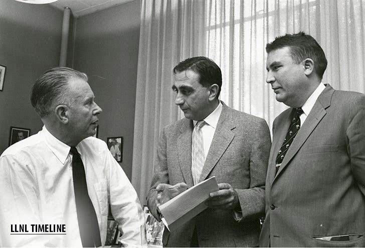 Edward Teller (center), with E.O. Lawrence (left) and Herb York, planning the founding of University of California Radiation Laboratory at Livermore (now Lawrence Livermore National Laboratory), 1951 (llnl.gov)