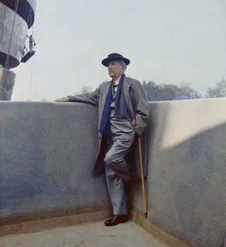 Frank Lloyd Wright in his 80s, at the under-construction Guggenheim Museum in New York City, photograph (www.guggenheim.org)