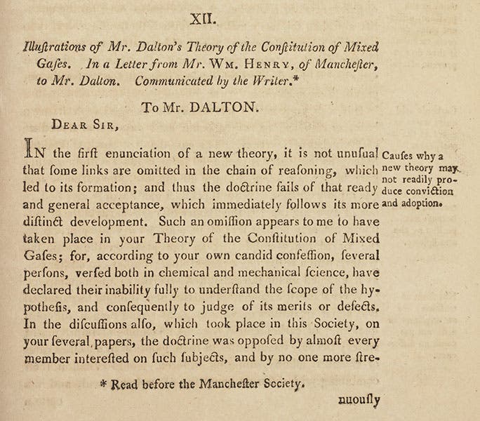 First page of Henry’s article on mixed gases, in Nicholson’s Journal, 1804 (Linda Hall Library)