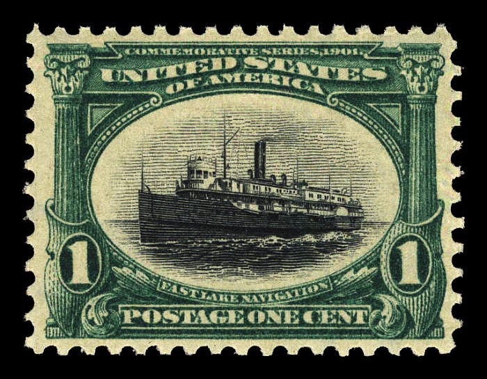 Fast Lake Navigation, 1¢ Pan-American Exposition commemorative stamp, issued May 1, 1901, National Postal Museum (postalmuseum.si.edu)