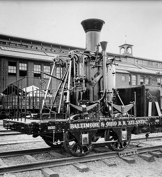 Replica of locomotive no. 2 Atlantic; the original was built by Phineas Davis and Israel Gartner in 1832 for the Baltimore & Ohio Railroad, the replica in 1892, undated photograph, perhaps 1892, B&O Museum (borailog)