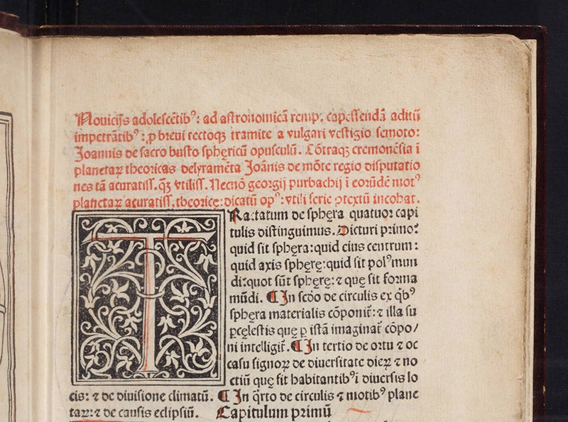 Top half of the first page of Sacrobosco, <i>Sphaera</i>, 1482, with Peurbach’s name and book  mentioned in truncated form in the last two lines of red type (Linda Hall Library)