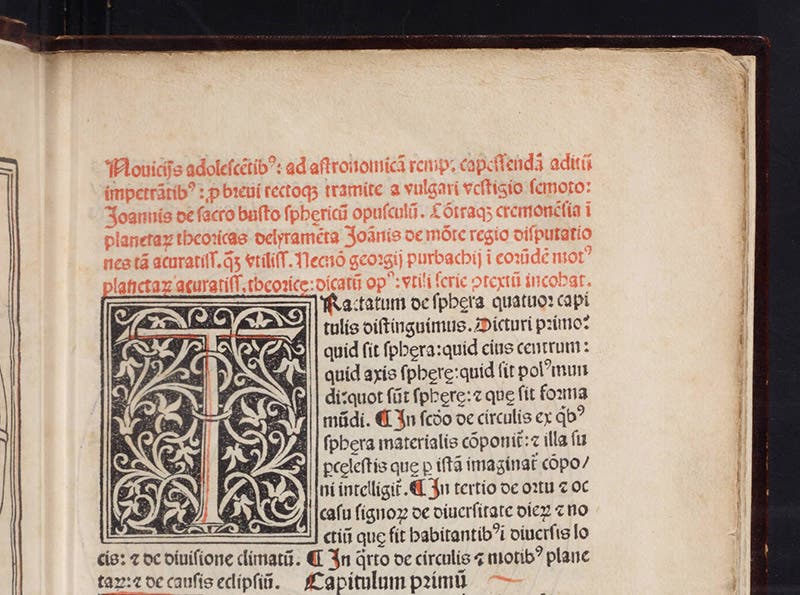 Top half of the first page of Sacrobosco, <i>Sphaera</i>, 1482, with Peurbach’s name and book  mentioned in truncated form in the last two lines of red type (Linda Hall Library)