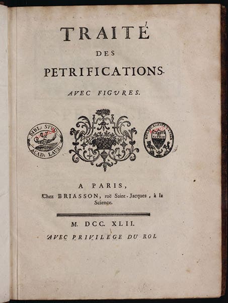 Title page, Traité des petrifications, by Louis Bourguet, 1742 (Linda Hall Library)