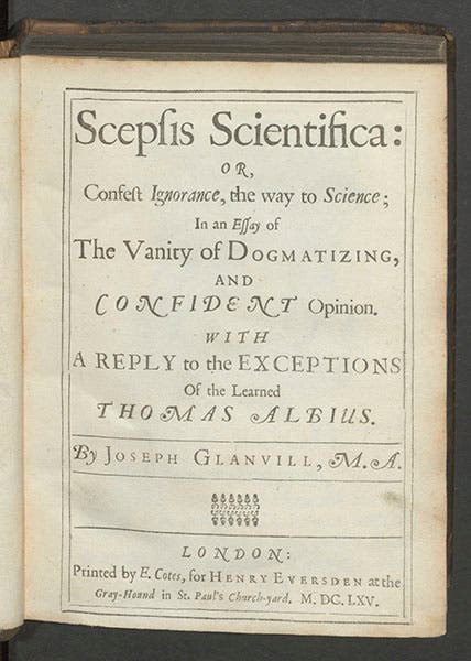 Title page of Joseph Glanvill, Scepsis scientifica, 1665 (Linda Hall Library)