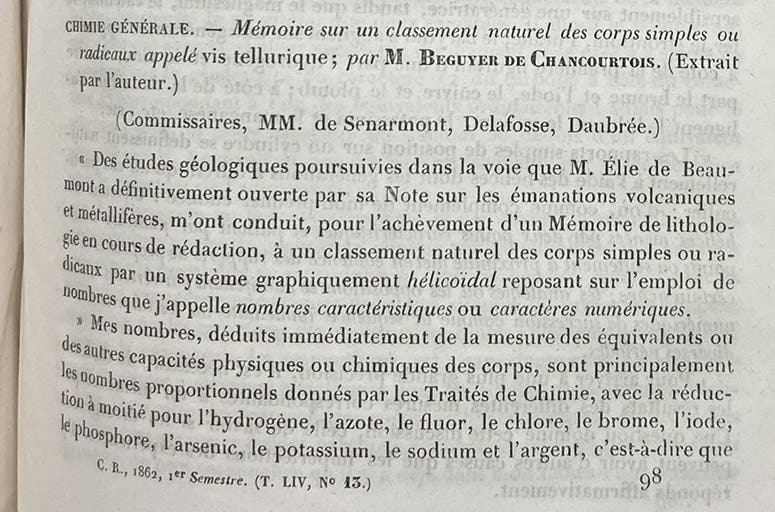 First paragraph of the paper announcing the periodic chemical system of Alexandre-Émile Béguyer de Chancourtois, “Mémoire sur un classement naturel des corps simples ou radicaux appelé vis tellurique," Comptes rendus hebdomadaires des séances de l’academie ds sciences, vol. 54, p. 757, 1862 (Linda Hall Library)