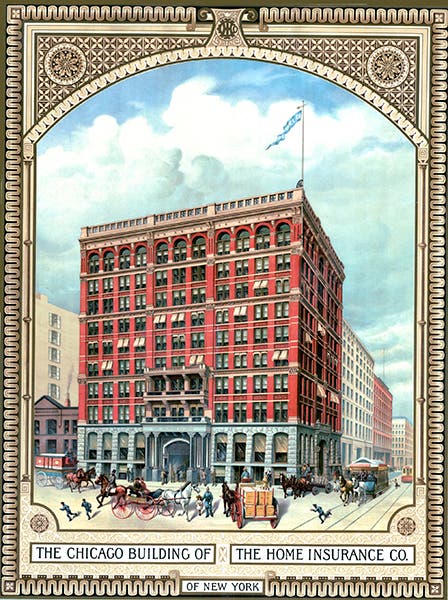 Home Insurance Company Building in Chicago in its original 10-story format, often referred to as the first skyscraper, designed and built by William Le Baron Jenney, completed 1885, early postcard  (chicagology.com)