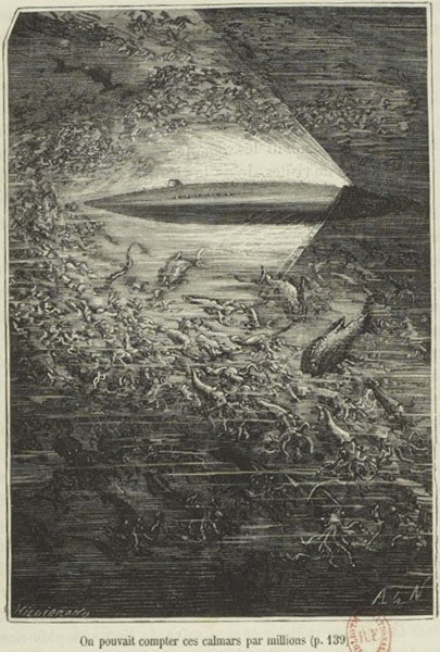 The Nautilus coursing through “millions” of cuttlefish, wood engraving after drawing by Alphonse de Neuville, in Vingt mille lieues sous le mers, by Jules Verne, 1871, copy in Bibliothèque nationale de France (gallica.bnf.fr)