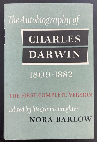 Front dust jacket, The Autobiography of Charles Darwin, 1809-1882, ed. by Nora Barlow, Collins, 1958 (author’s collection)