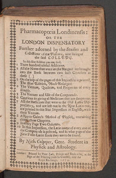 Title page of The London Dispensatory, 6th ed., 1659 (Linda Hall Library)