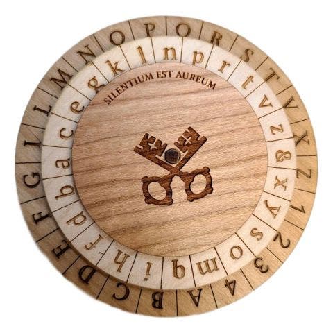Modern Alberti cipher wheel, a close copy in wood of the original cipher wheel designed by Leon Battista Alberti, 1467 (creativecrafthouse.com)