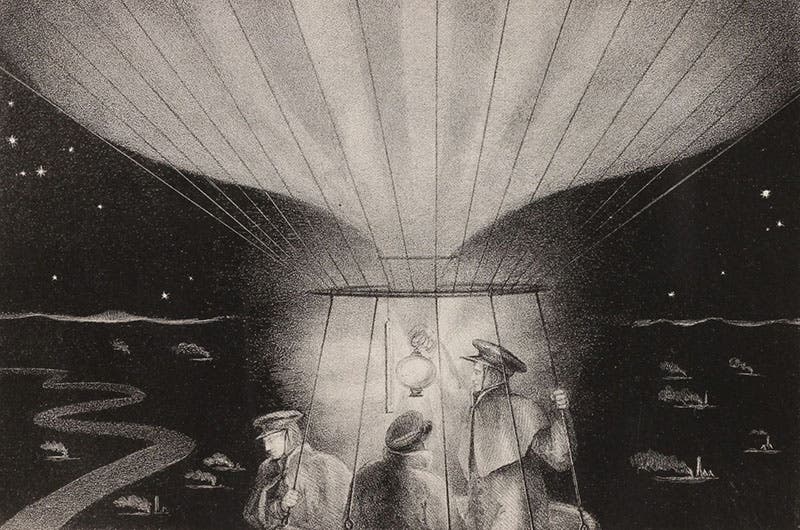 Liège at night as seen from the gondola of the Vauxhall, lithograph in Aeronautica, by T. Monck Mason, 1838 (Linda Hall Library)