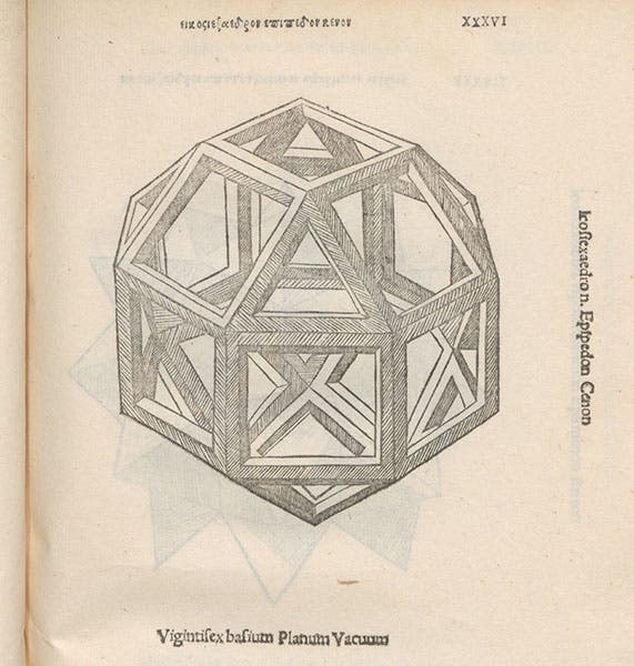 Rhombicuboctahedron, detail of woodcut after drawing by Leonardo da Vinci, Divina proportione, by Luca Pacioli, plate 36, 1509 (Linda Hall Library)