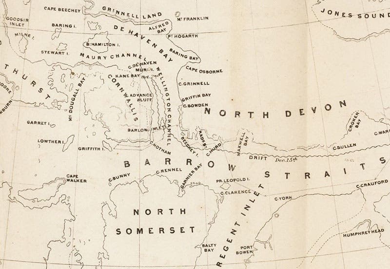 Detail of a contemporary map of the Arctic archipelago, showing the area around Beechey Island, engraving in The U.S. Grinnell Expedition in Search of Sir John Franklin, by Elisha Kent Kane, p. 17, 1854 (The Linda Hall)