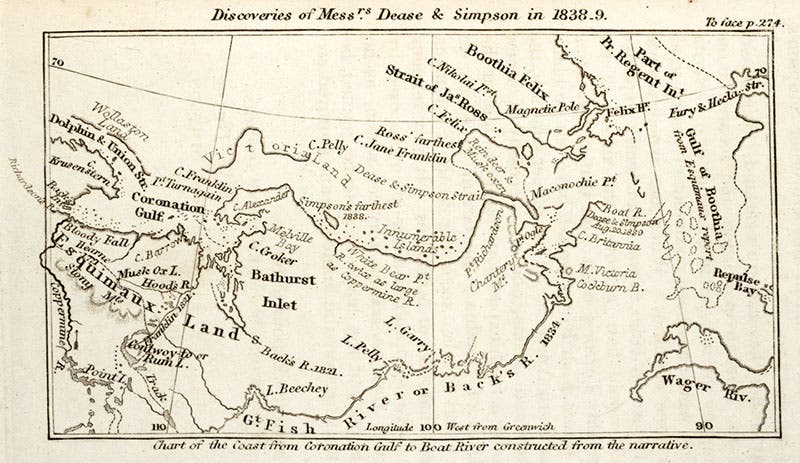 Map, “Discoveries of Messrs. Dease & Simpson in 1838-9,” Journal of the Royal Geographical Society of London, vol. 10, p. 274, 1841 (Linda Hall Library)