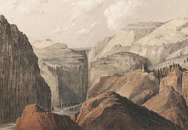 Black Canyon of the Grand River (later the Gunnison), detail of a tinted lithograph by John Mix Stanley after a sketch by Frederick W. von Egloffstein, in Pacific Railroad Reports, vol. 2, 1855 (The Linda Hall)