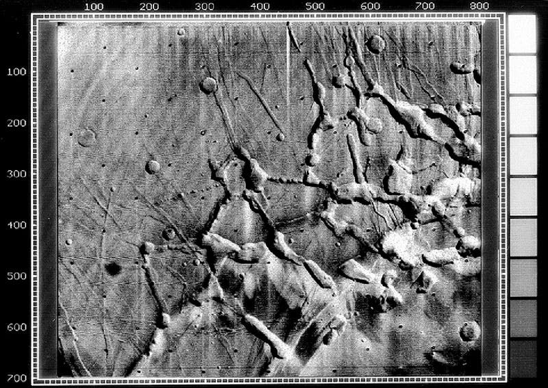 One of the 7300+ frames transmitted to Earth by Mariner 9, showing the west end of Valles Marineris (skyatnightmagazine)