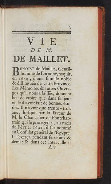 First page of the biography of de Maillet by Abbé Le Mascrier that appeared in the 1755 edition of Telliamed (Linda Hall Library)