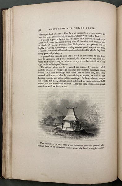“Feejee Mbure,” shaman spirit house on Feejee, text etching based on a drawing by Joseph Drayton, in Narrative of the United States Exploring Expedition, by Charles Wilkes, 1845, quarto ed., vol. 3 (Linda Hall Library)