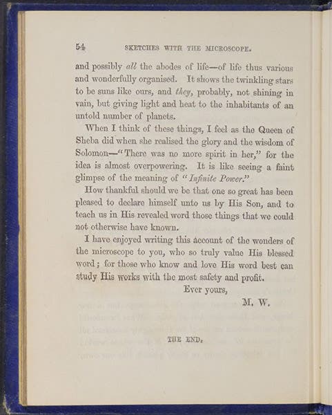 Last page of text, signed by “M.W.”, Sketches with the Microscope: In a Letter to a Friend, by Mary Ward, p. 44, 1857 (Linda Hall Library)