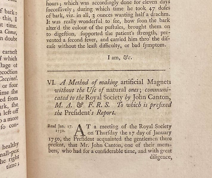 First page, paper by John Canton on making artificial magnets, Philosophical Transactions of the Royal Society of London, vol. 47, 1752 (Linda Hall Library)