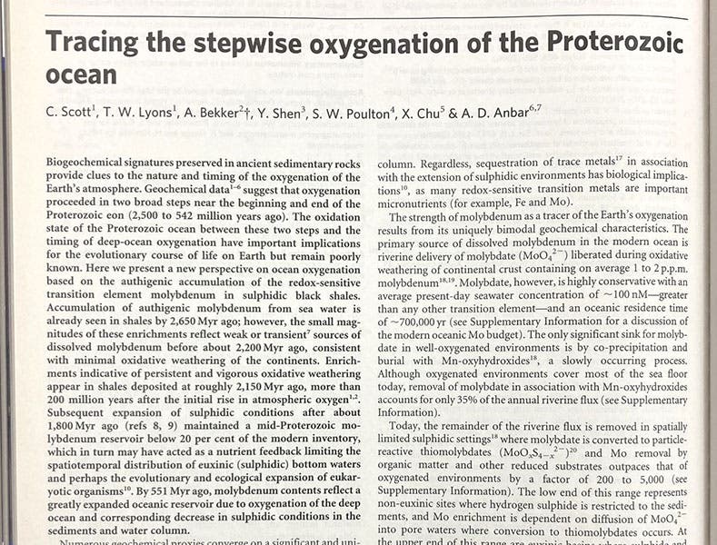 Title and abstract, "Tracing the stepwise oxygenation of the Proterozoic ocean," by C. Scott et al., Nature, vol. 452, p. 456, 2008 (Linda Hall Library)