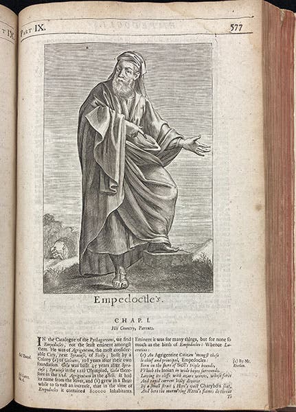 Portrait of Empeocles, engraving, in The History of Philosophy, by Thomas Stanley, 1687 (Linda Hall Library)