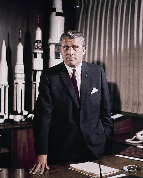 Wernher von Braun in his office at the Marshall Space Flight Center, Huntsville, Alabama, photograph, 1964 (Wikimedia commons)