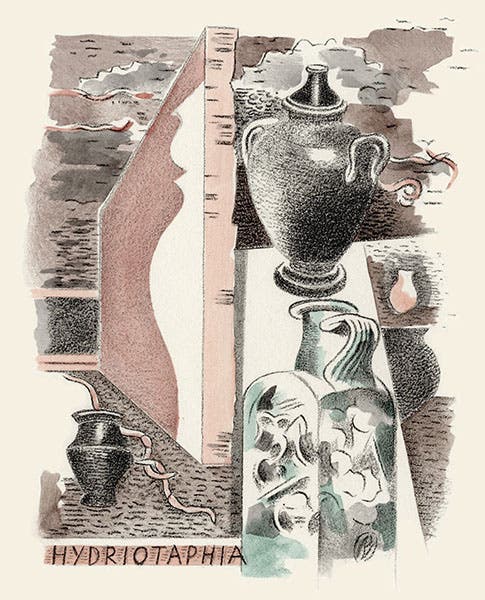Frontispiece to Hydriotaphia: Urne Buriall, by Thomas Browne, pochoir hand-colored print from a watercolor by Paul Nash, in Urne Buriall and the Garden of Cyrus, printed by Curwen Press, 1932, copy for sale by Goldmark Art (goldmarkart.com)